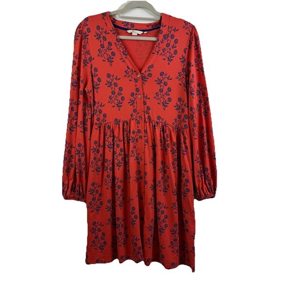 Boden Dresses & Skirts - Boden Reddish Orange Floral Full Button Dress Jersey Blouson Sleeve Pockets